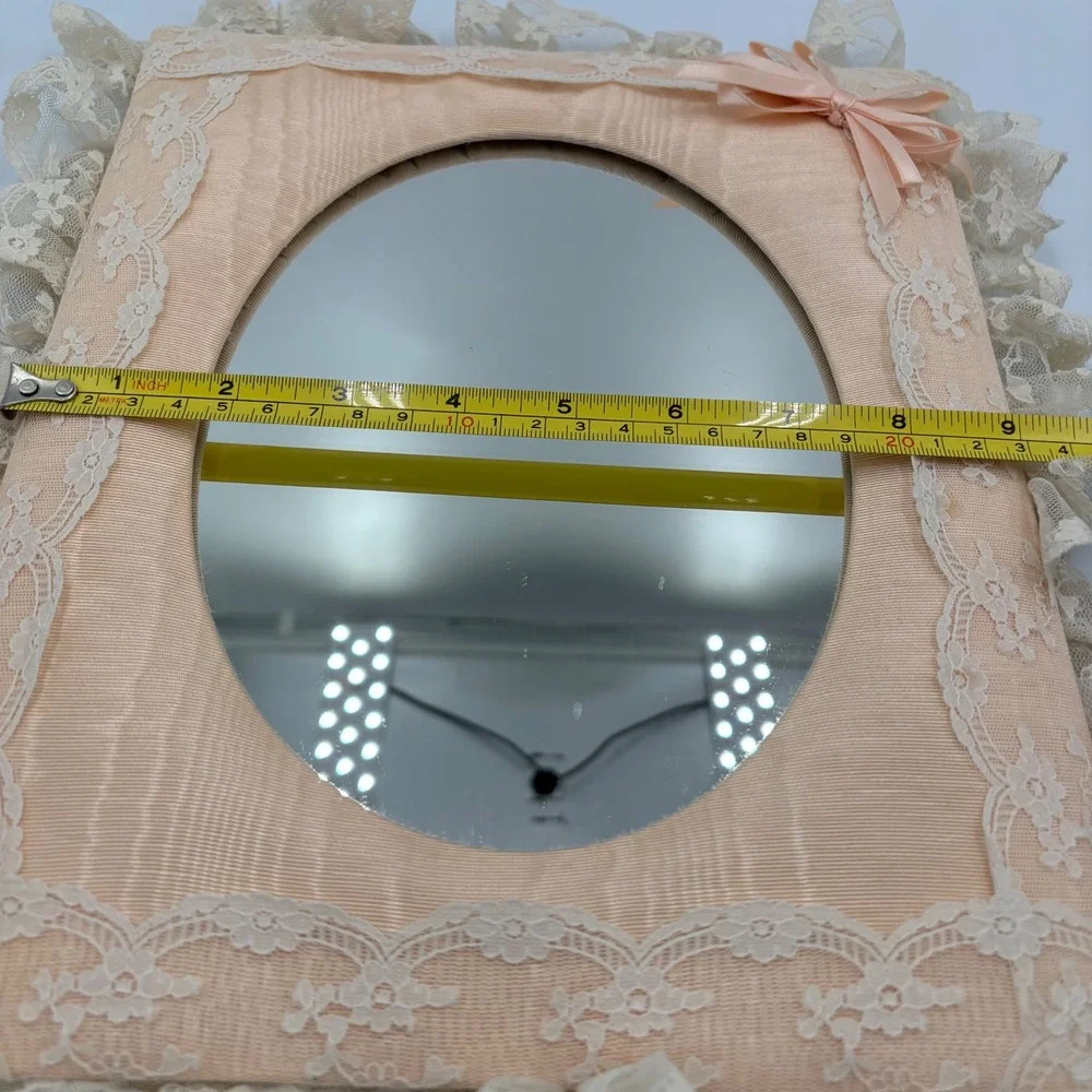 Vintage 80s Shabby Chic Peach Moire Silk Lace Ruffle Tabletop Frame Mirror